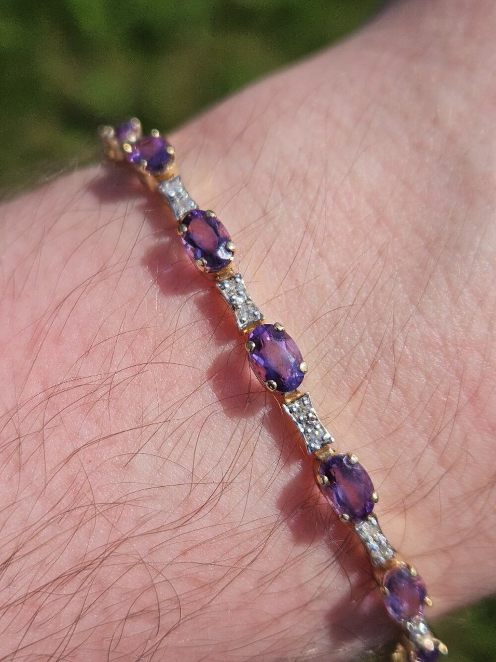 14K Yellow Gold Amethyst Diamond Link Tennis Bracelet 7 inches 3mm Wide